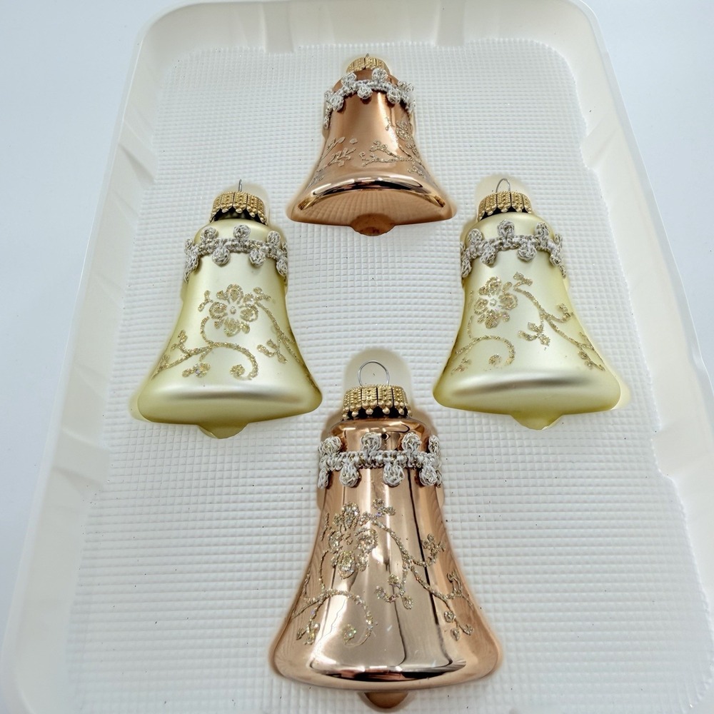 Vintage Glass Ornament Bells Christmas by Krebs '00s Pink Gold Glitter Set of 4 - Picture 3 of 7